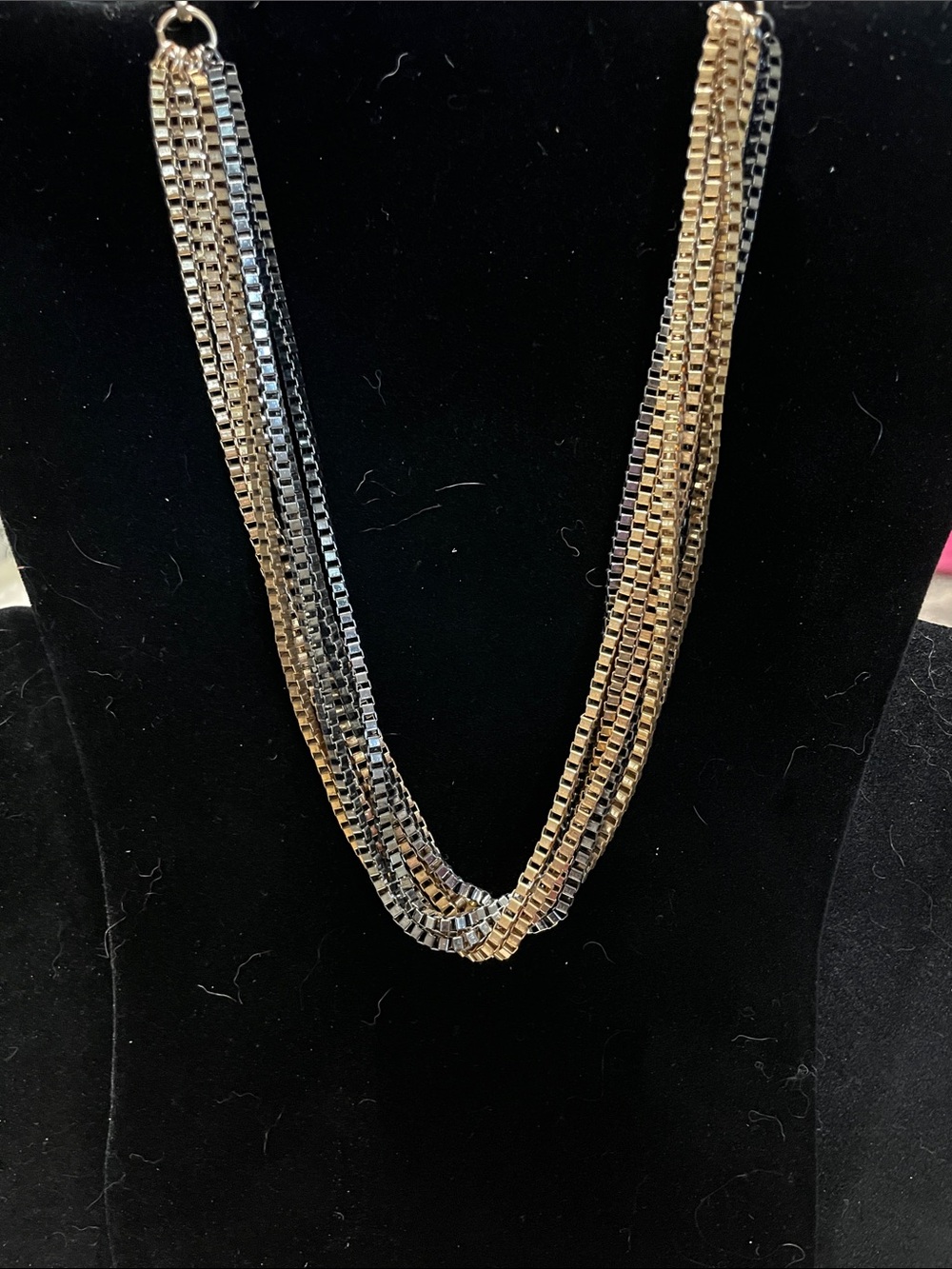 Two-Tone Multi-Strand Box Chain Necklace - Gold & Black.  M’s
